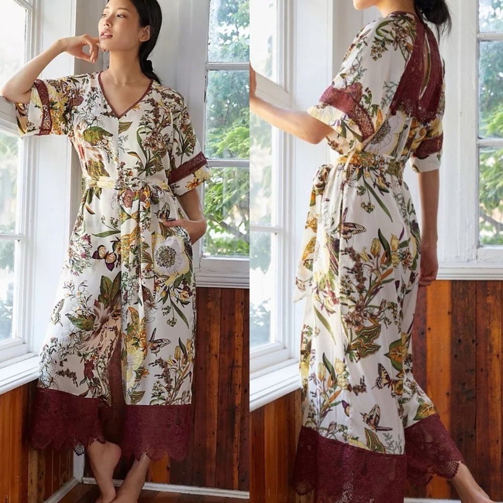 Tiny x Anthropologie Botanical Butterfly Floral Lace Satiny Jumpsuit size Large